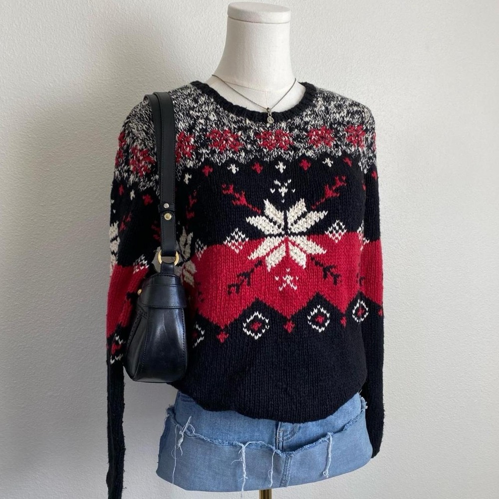 Liz Claiborne Winter Christmas Knit Sweater Black Red Long Sleeve Cottage